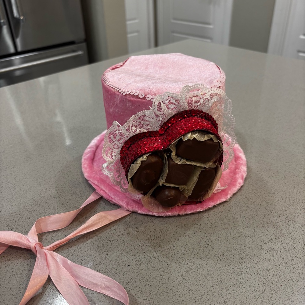 Pink Velvet Burlesque Top Hat with faux chocolates in a Heart Shape Box